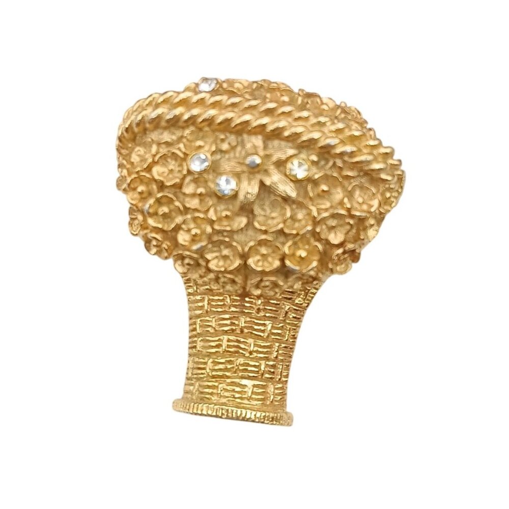 Vintage Avon Gold Tone Flower Basket Brooch with Rhinestones Hidden Solid Perfum